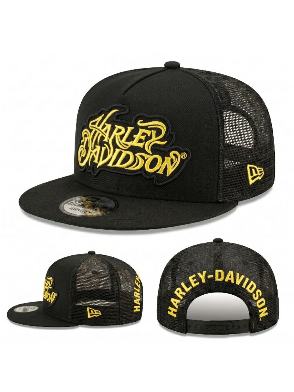 Harley Davidson Black Yellow Trucker Snapback Hat Embroidered Motorcycle Cap